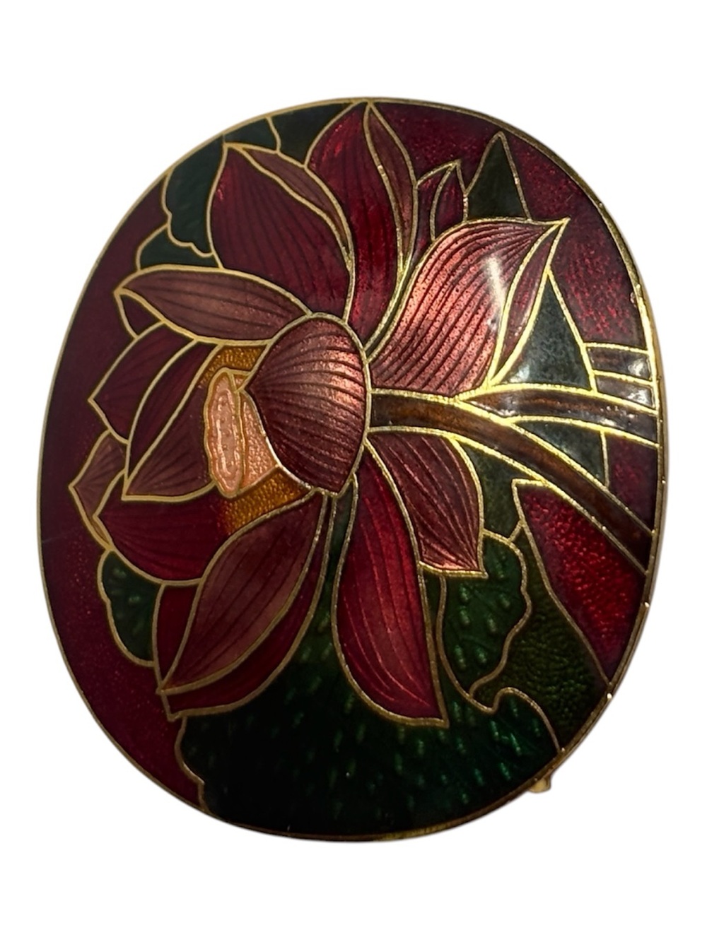 Enamel Lotus Flower Cloisonné Belt Buckle- Red & Green